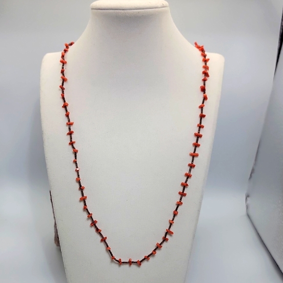 Navajo Branch Coral Heishi Beaded Sterling Silver Closure Single Strand Necklace